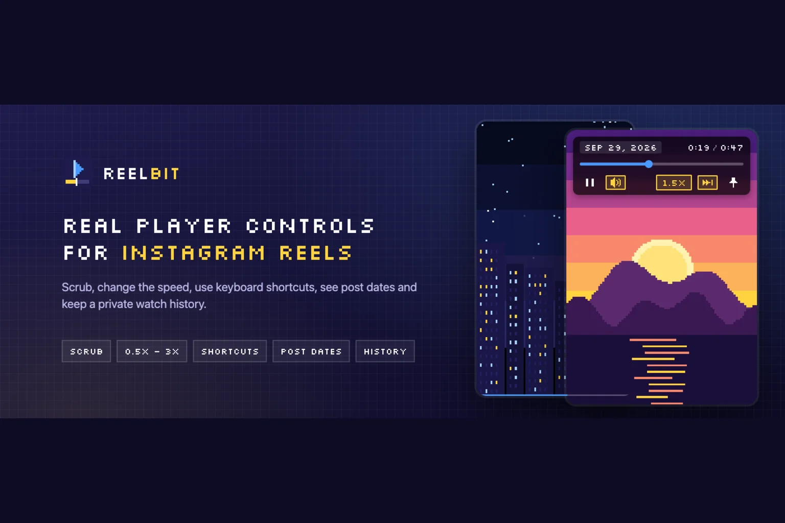 ReelBit: real player controls for Instagram Reels, in pixel art