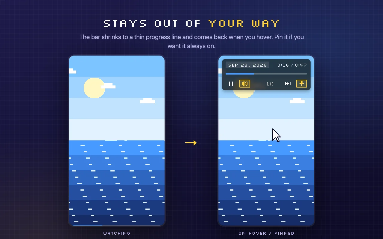 ReelBit collapsed to a progress line and expanded on hover