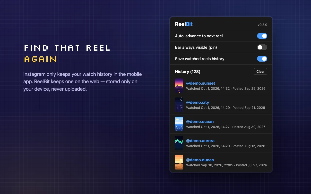 The ReelBit popup with the watched Reels history